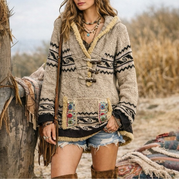 Free People Sweaters - FREE PEOPLE *RARE* Eskimo Faux Fur Trim Toggle Hooded Wool Tunic Sweater